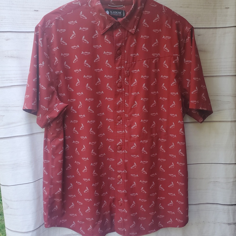 Alaskan Hardgear Duluth Trading Co Red Salmon Fish Print Snap Front Shirt Mens L